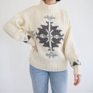 Vintage Lizsport Cream Wool Nordic Snowflake Festive Sweater Cabincore Boho M